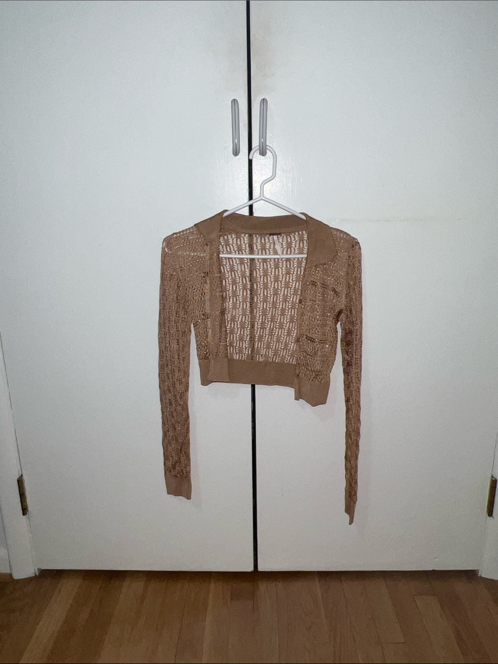 Free People Open-Knit Lightweight Cardigan in Tan